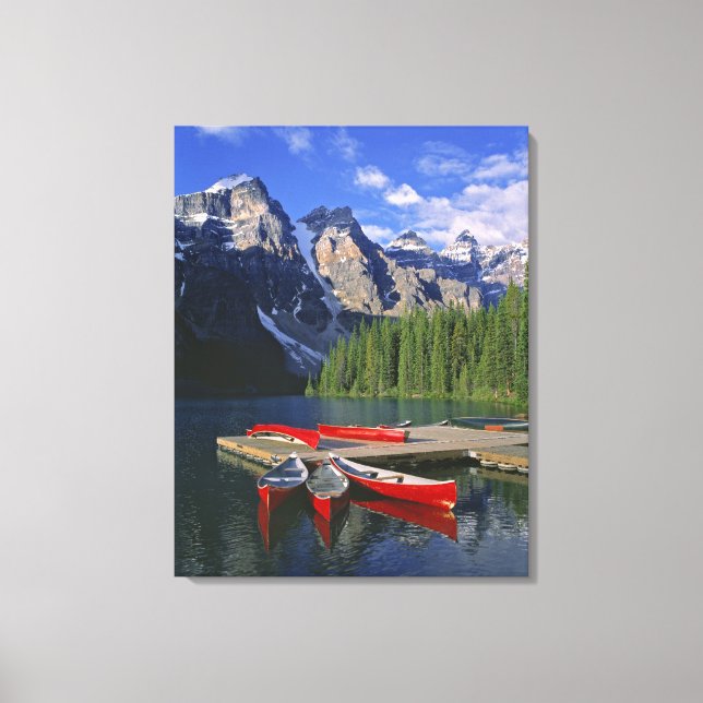 Lienzo Canadá, Alberta, Moraine Lake. Canoas rojas espera (Anverso)