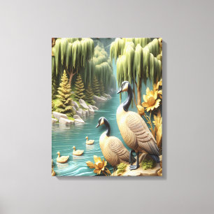Lienzo Canadiense Geese en medio de los llorones Willows