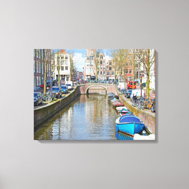 Lienzo Canal de Ámsterdam con barcos (Anverso)