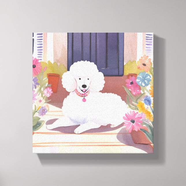 Lienzo Caniche Blanco | Flores Acuarela Mascota Perro (Anverso)