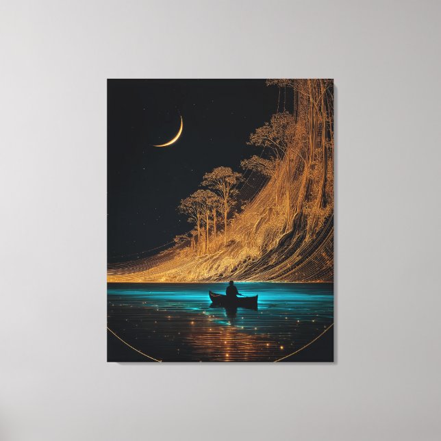 Lienzo Canoa de madera y luna creciente, agua azul brilla (Anverso)