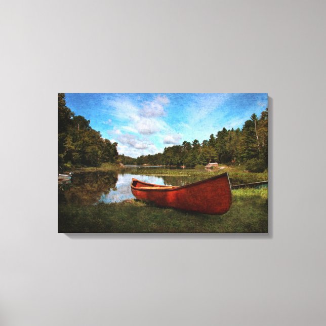 Lienzo Canoa roja en la orilla del lago (Anverso)