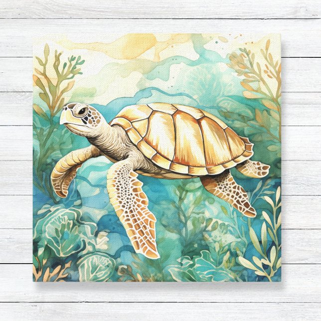 Lienzo Canto de tortuga acuática (Coastal Art for Kids or Bathroom - Watercolor Turtle Canvas Print)