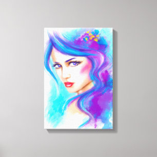 Lienzo Canvas Fantasía Mujer hermosa con flores azules