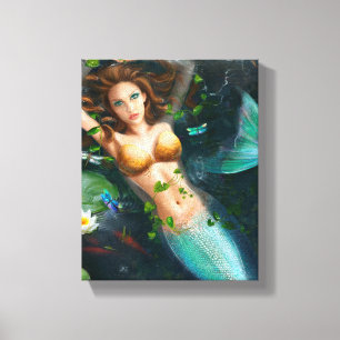 Lienzo Canvas Hermosa sirena en lago con lirios