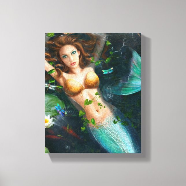 Lienzo Canvas Hermosa sirena en lago con lirios (Anverso)