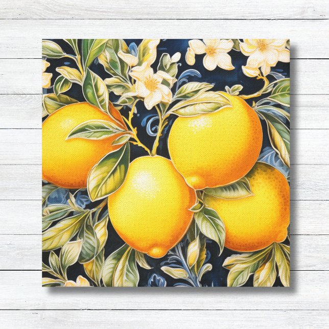 Lienzo Canvas mediterráneas barrocas lémicas doradas (Baroque Vintage Botanical Lemons and Blossoms on Navy Canvas Print Kitchen Wall Art)