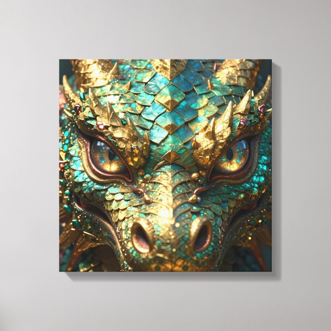 Lienzo Cara de Dragón Turquesa y Dorado (Anverso)