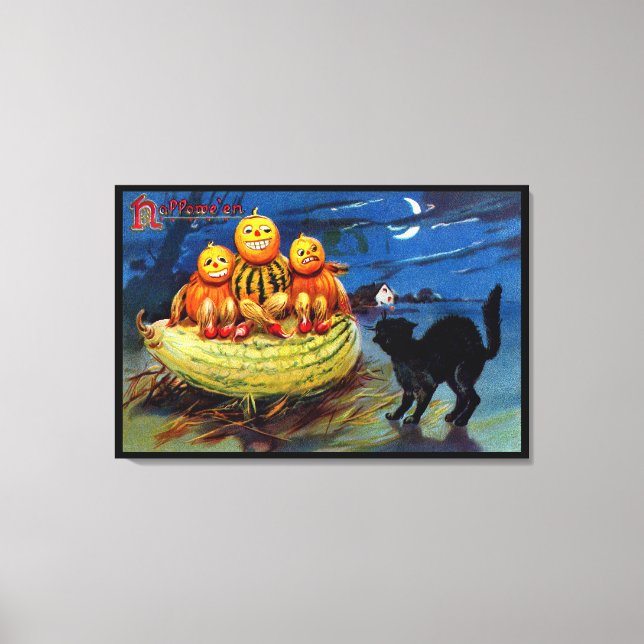 Lienzo Caracteres de calabaza y gato negro (Anverso)