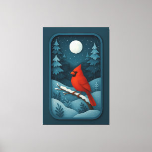 Lienzo Cardenal iluminado por la luna en el bosque invern