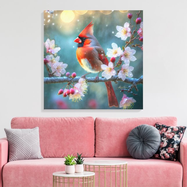 Lienzo Cardenal macho a la luz de la luna Flores de cerez (Insitu (Sala de estar))