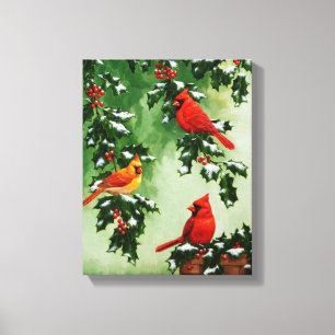 Lienzo Cardenales rojos del norte y acebo de Navidad