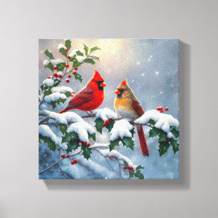 Lienzo Cardenales rojos y acebo en la nieve