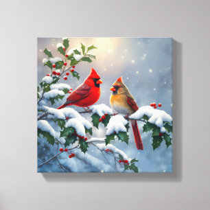 Lienzo Cardenales rojos y acebo en la nieve
