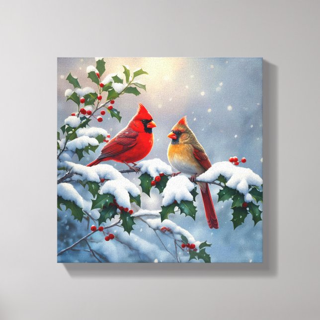 Lienzo Cardenales rojos y Holly en la nieve (Anverso)