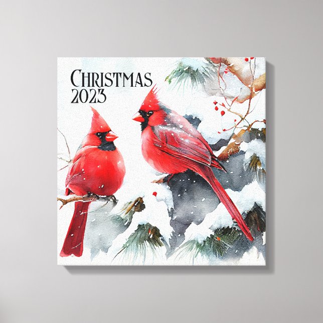 Lienzo Cardenales sobre árbol de nieve, Navidades de Pers (Anverso)