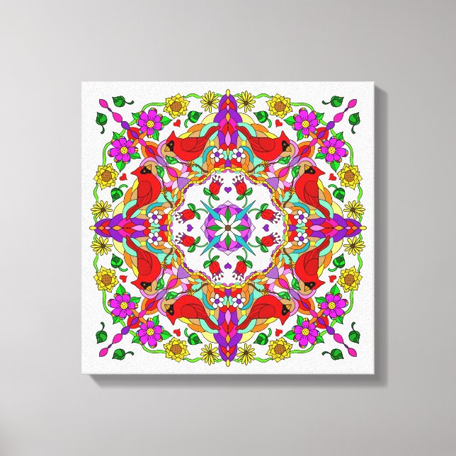 Lienzo Cardenales y flores de color bonito Mandala (Anverso)
