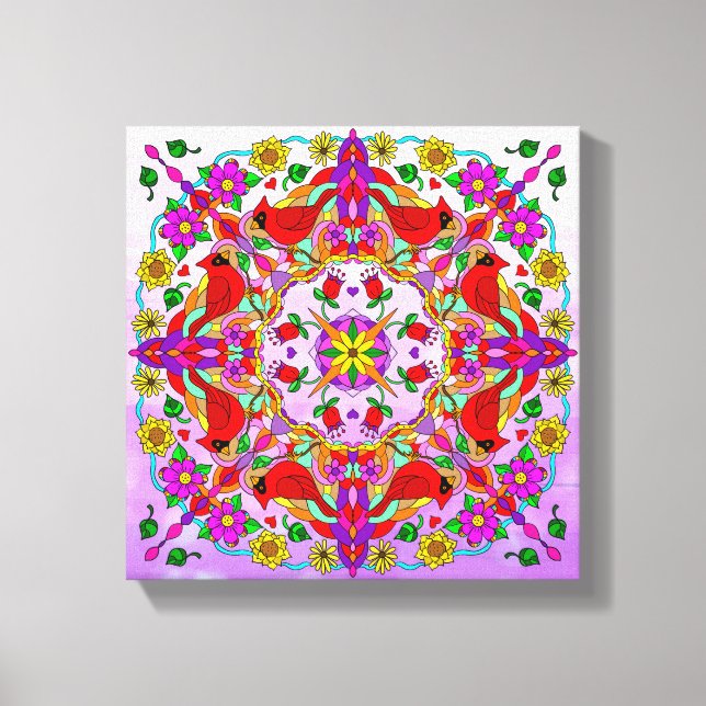 Lienzo Cardenales y flores de color bonito Mandala (Anverso)