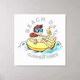 Lienzo Caricatura de Beach Day en el anillo inflable