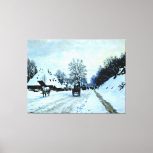 Lienzo Carro en carretera cubierta de nieve con granja de