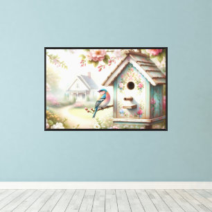 Lienzo Casa de pájaros primaveral con flores pastel y ave