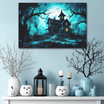 Casa embrujada de Halloween al anochecer azul
