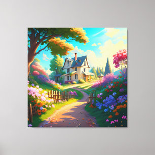 Lienzo casa rural con jardín de flores