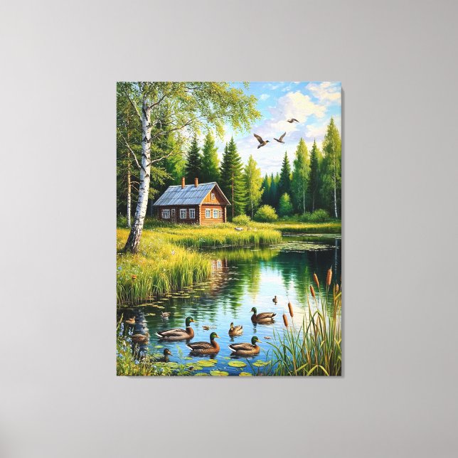 Lienzo Casa Serena junto a un estanque forestal con patos (Anverso)