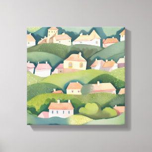 Lienzo Casas en la ladera   Pintura aérea de acuarela de 