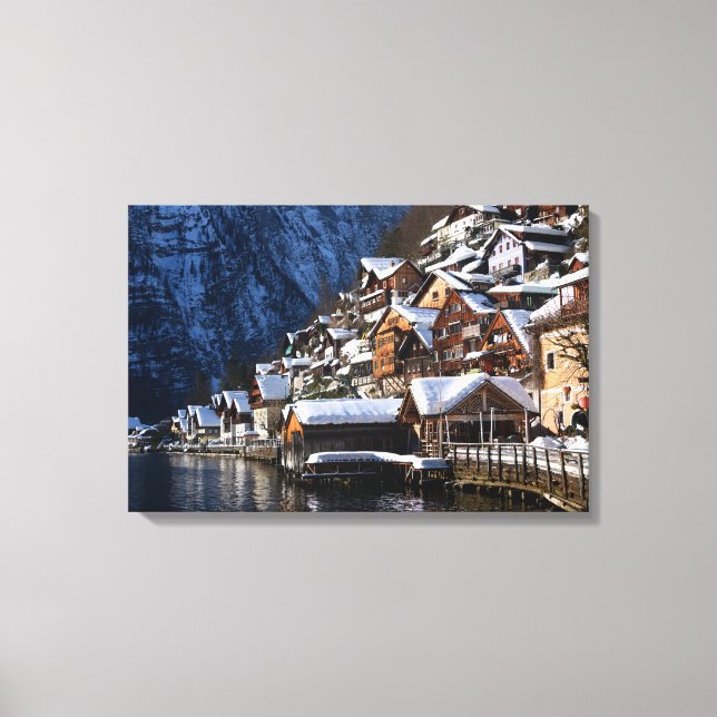 Lienzo Casas junto al lago de madera en Hallstatt, Austri (Anverso)