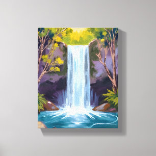 Lienzo Cascada Azul   Pintura de Paisaje Natural Forestal