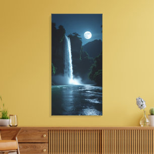 Lienzo Cascada bajo la luz de la luna: paisaje nocturno c