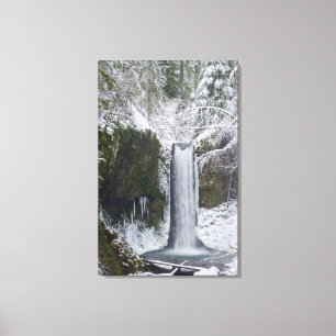 Lienzo Cascada borrosa rodeada por un bosque Nevado