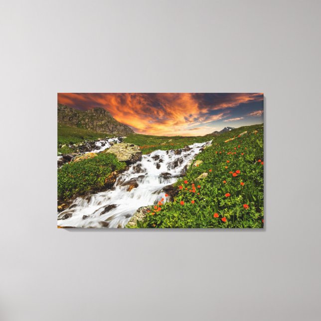 Lienzo Cascada en las montañas con flores (Anverso)