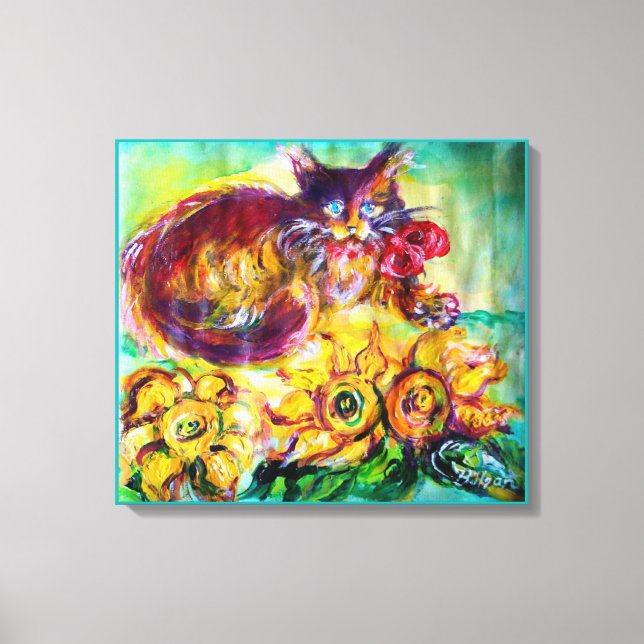 LIENZO CAT CON RIBÓN ROJO Y FLORES (Anverso)