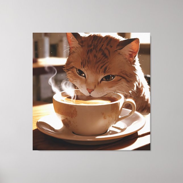 Lienzo Cat drinking coffee from a cup (Anverso)
