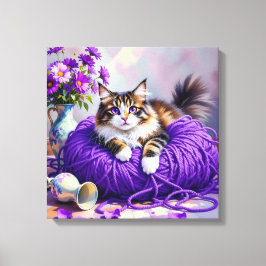 Lienzo Cat with Purple Eyes in Purple Yarn and Flowers