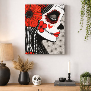 Lienzo Catrina Día de Muertos Roja Negra Floral Gótico