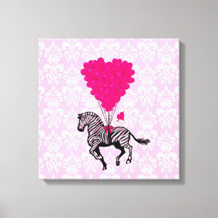 Lienzo Cebra vintage y globos de corazón rosados