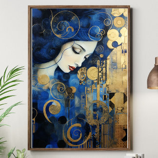 Lienzo Celestia en dorado – Mujer Art Déco azul y dorada