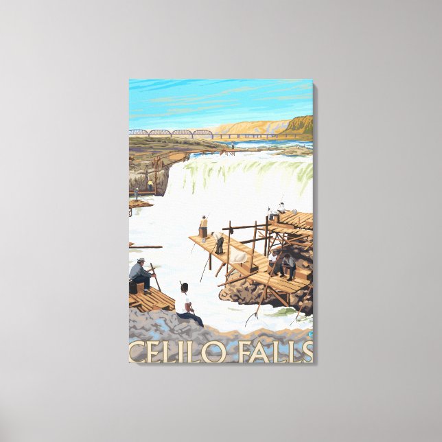Lienzo Celilo Falls Pescador Poster de Viajes de Vintage (Anverso)