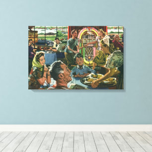 Lienzo Cena familiar retro en una cafetería con una rocol