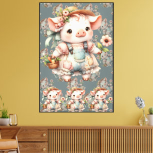 Lienzo Cerdito pastel adorable con overoles Cottagecore