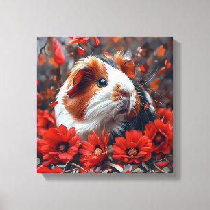 Lienzo Cerdo guineano entre flores rojas