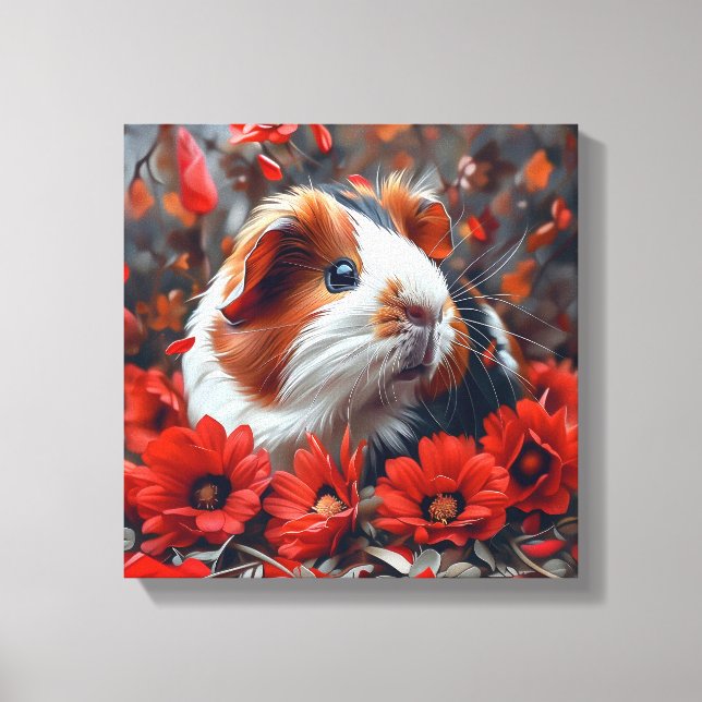 Lienzo Cerdo guineano entre flores rojas (Anverso)