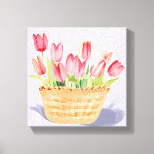 Lienzo Cesta de Tulipanes   Pintura Acuarela Floral
