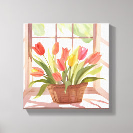 Lienzo Cesta de Tulipanes | Pintura Acuarela Floral en Ve