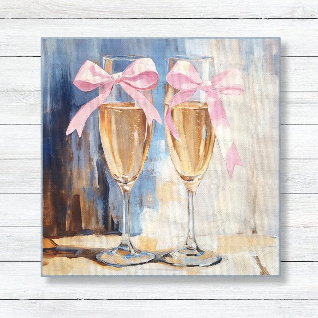 Lienzo Champán con Lazos Rosas Regalo Único para Despedid (Unique Giftt for the Bride - Bridal Shower Canvas Art - Champagne Glasses Painting with Pink Bows)
