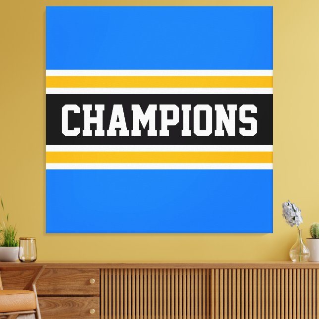 Lienzo CHAMPIONS Sporty Bright Blue Yellow Stripes (Insitu (Sala de estar))
