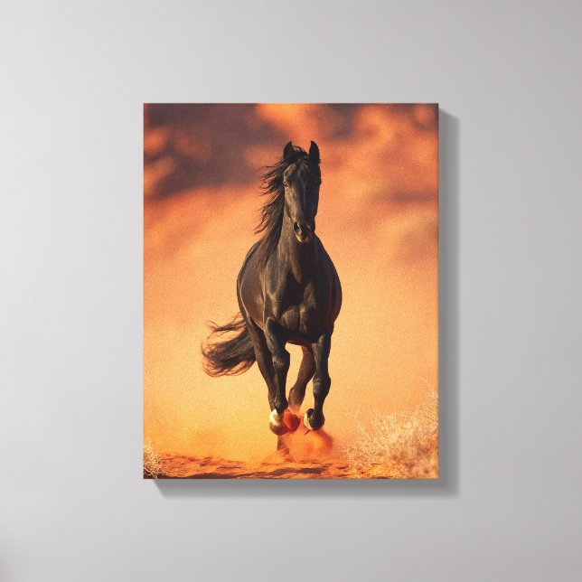 Lienzo Charging Black Horse Fiery Sunset Art (Anverso)